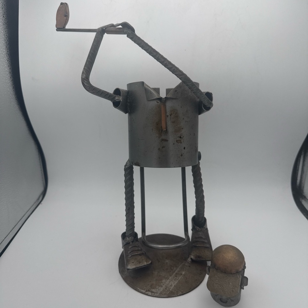 VTG H & K Metal Golfer Golf Wine Liquor Bottle Holder Steel/ Copper brutalist